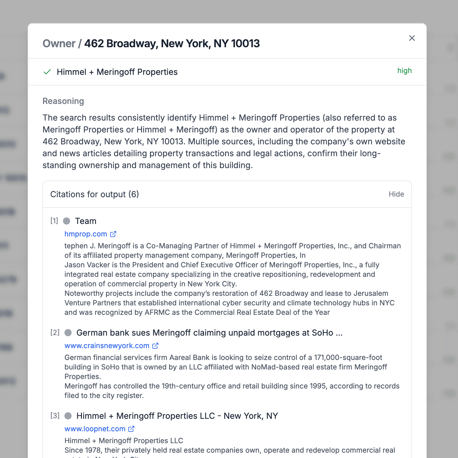 Cobroker citations view showing data sources