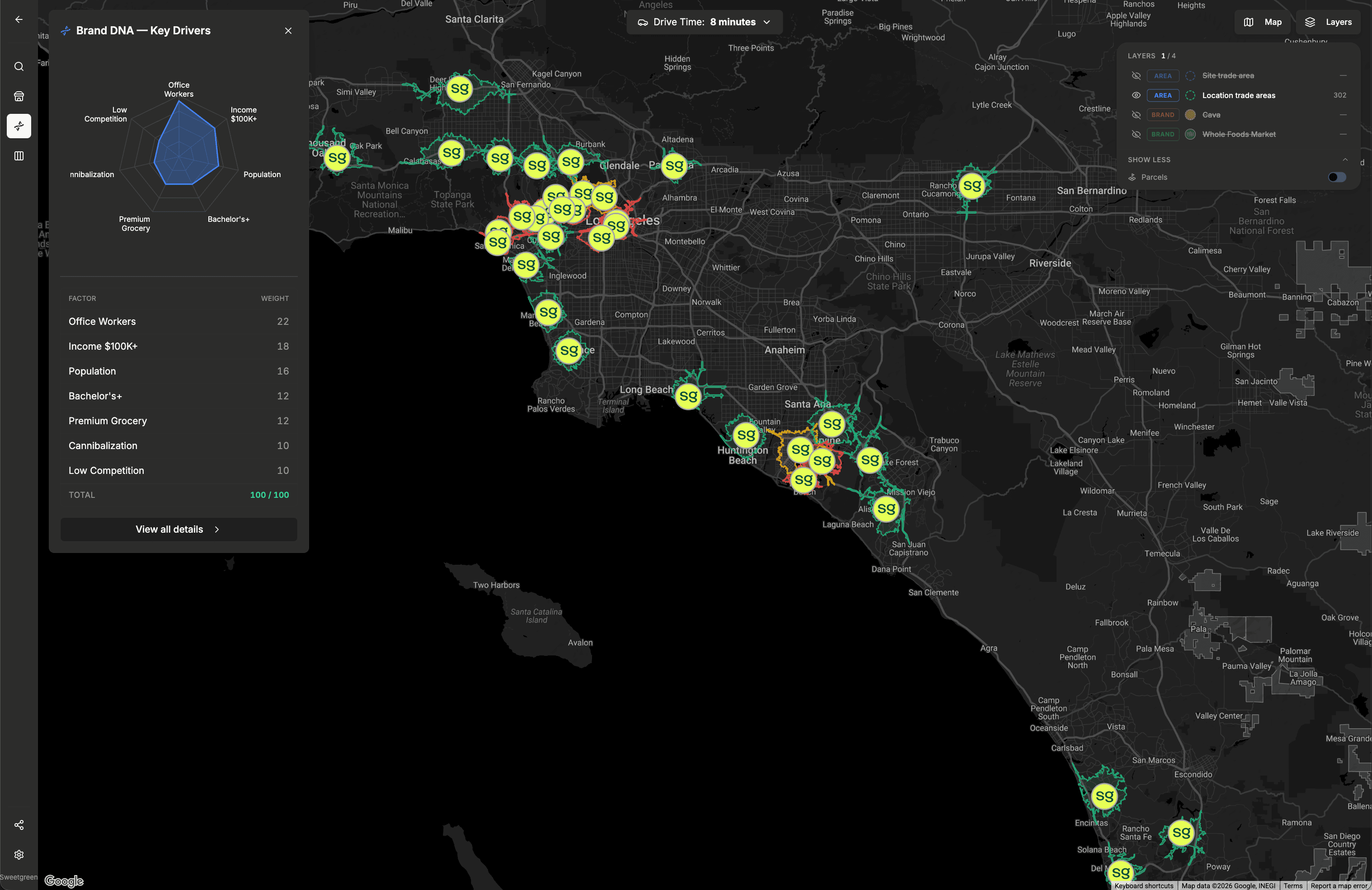 Brand DNA key drivers radar with scored locations on a map